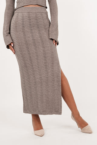 Knitted maxi skirt with split taupe - Rosalie