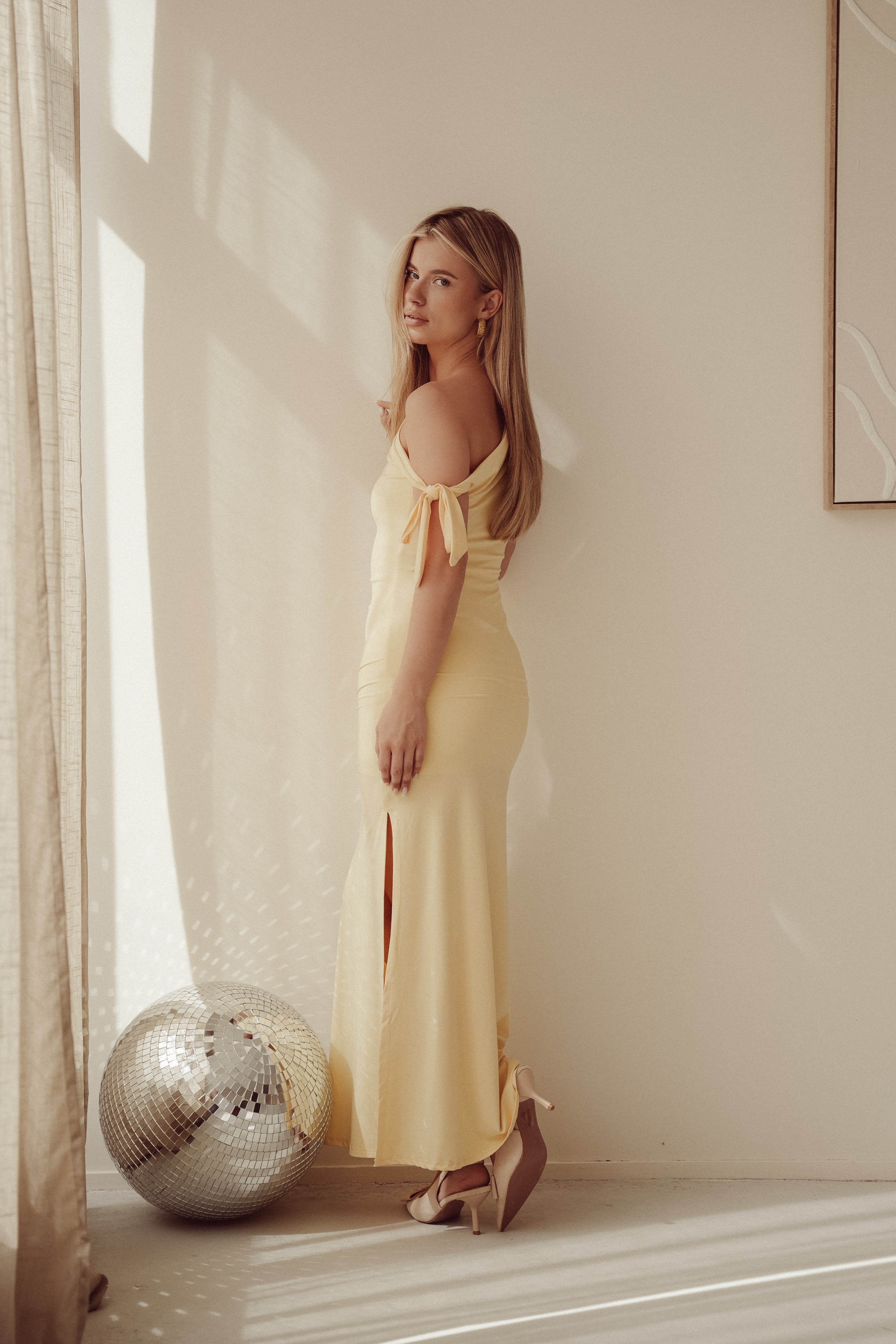 Long light yellow wedding dress