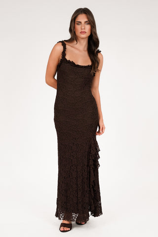 Maxi jurk bruin met ruffles - Lodee