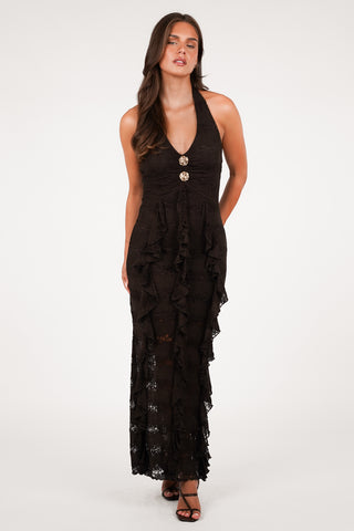 Maxi jurk bruin met ruffles - Ress
