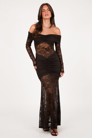 Maxi jurk off shoulder met kant bruin - Leya