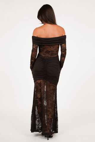 Maxi jurk off shoulder met kant bruin - Leya