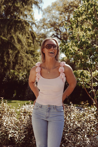 Sleeveless ribbed top with roses pink - Lydia