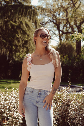 Sleeveless ribbed top with roses pink - Lydia