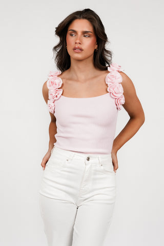 Sleeveless ribbed top with roses pink - Lydia
