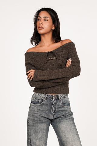 Off-shoulder top with buckle brown - Lotus