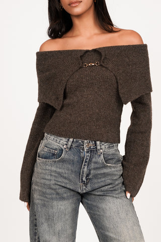 Off-shoulder top with buckle brown - Lotus