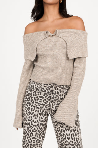 Off-shoulder top with buckle taupe - Lotus
