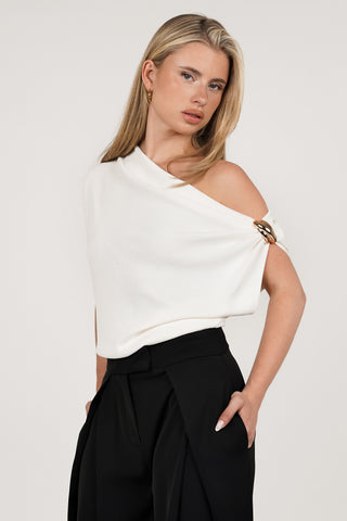 One-shoulder top cream with gold detail - Zara