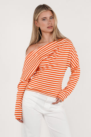 One-shoulder striped top orange/white - Alexia