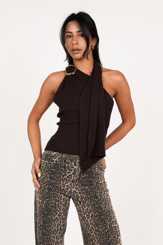 One-shoulder top gold detail brown - Pam