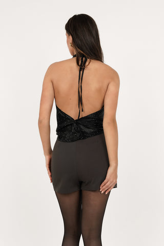 Open back satin top with rhinestones black - Bowi