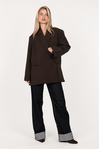 Oversized Blazer, asymmetrisch, Kamel – Clara