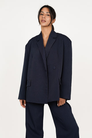 Oversized chalk stripe blazer dark blue - Vive