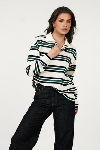 Striped beige/green polo sweater - Cato