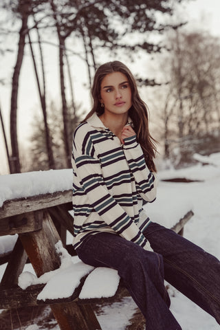 Striped beige/green polo sweater - Cato