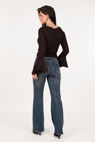 Ribbed stretch top brown - Doris