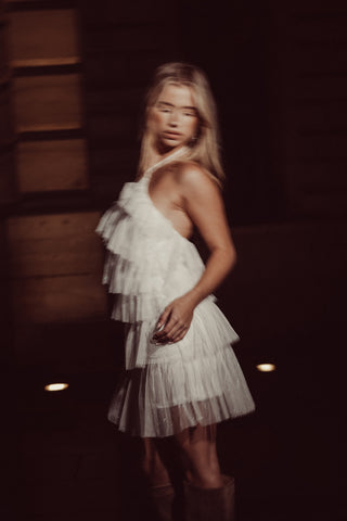 Ruffle glitter halter dress white - Ayla