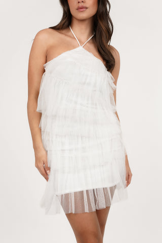 Ruffle glitter halter dress white - Ayla