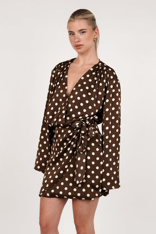 Satin wrap dress with dots brown