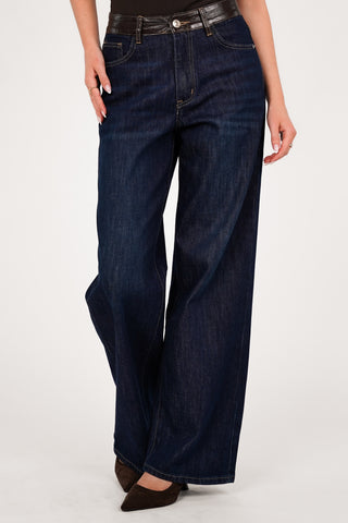 Straight fit jeans met leerlook blauw - Laura