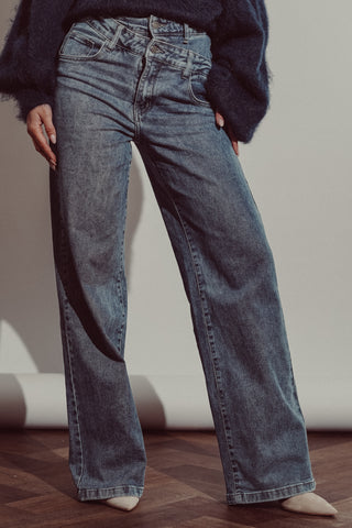 Dark blue straight leg jeans with double waist - Missy