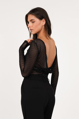 Rhinestone top with open back black - Myrthe
