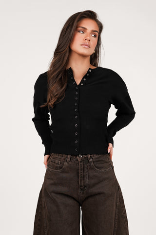 Stretch top with snap fasteners black - Florine