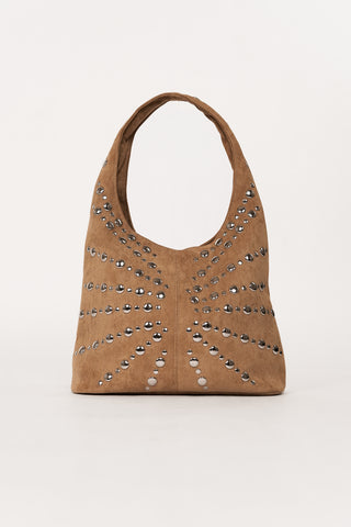 Suede handbag with silver studs camel - Virginia