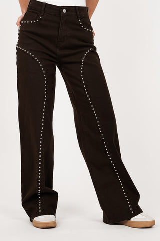 Wide leg jeans brown with studs - Molly