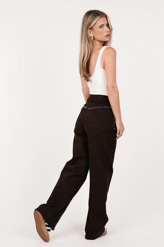 Wide leg jeans brown with studs - Molly