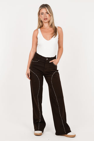 Wide leg jeans brown with studs - Molly
