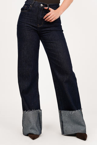 Dark blue wide leg jeans with turn-up - Elowen