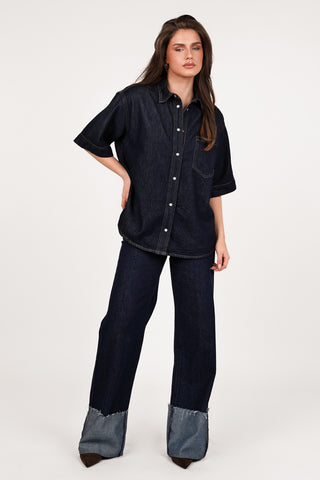 Dark blue wide leg jeans with turn-up - Elowen