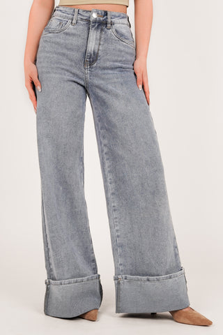 Wide leg jeans with turn-up light blue - Finley