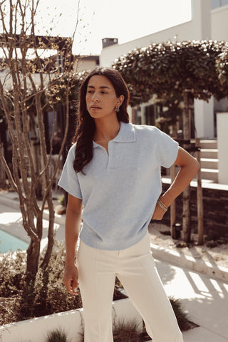 Wool top short sleeve with V-neck blue - Avelie