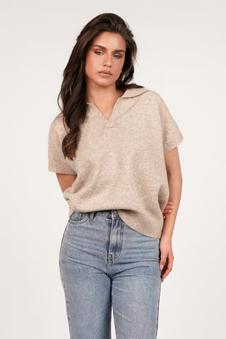 Wool top short sleeve with v-neck taupe - Avelie