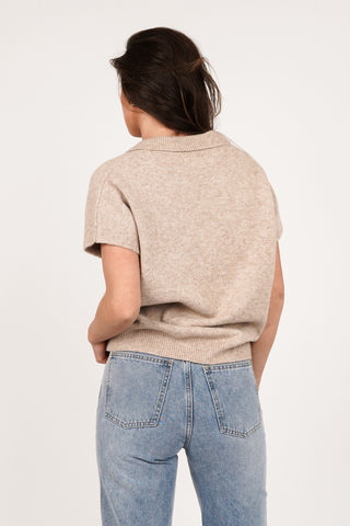 Wool top short sleeve with v-neck taupe - Avelie