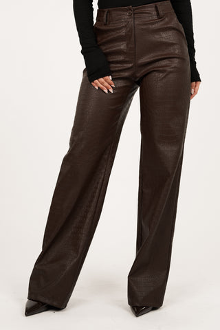 Straight trousers leather look crocodile print brown - Rory